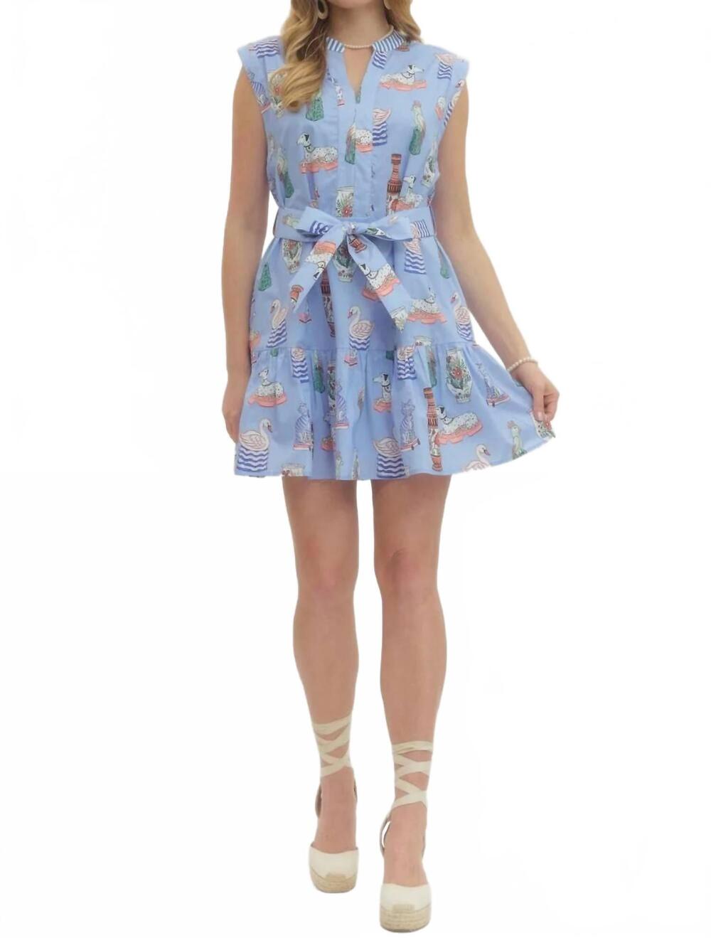 NEW ENTRO lila printed split neck tie waist mini dress in blue